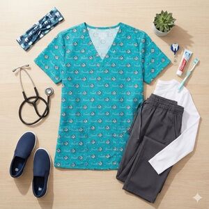 Maevn Blue Dental Print Scrub Top